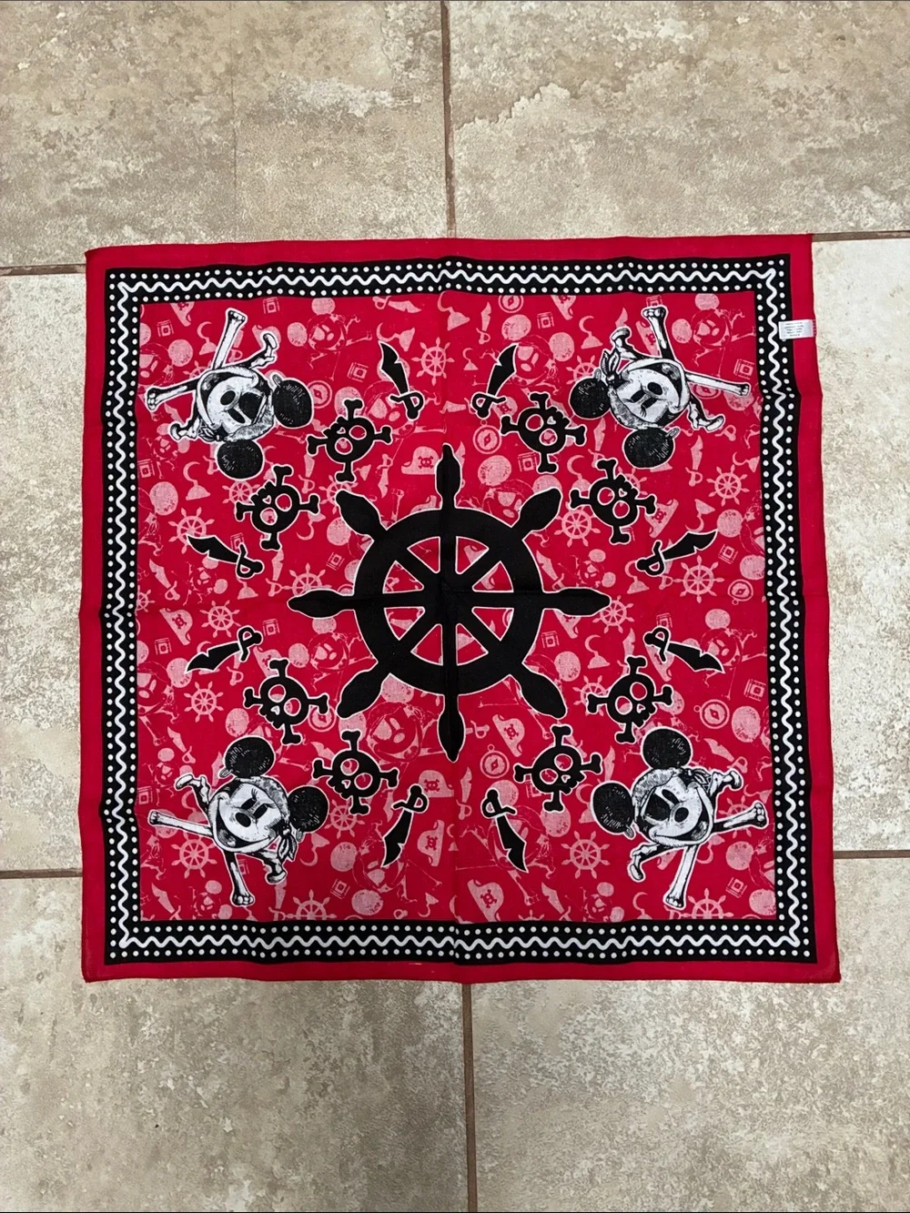 Disney Red Pirate Bandana with Black Skull & Wheel Print